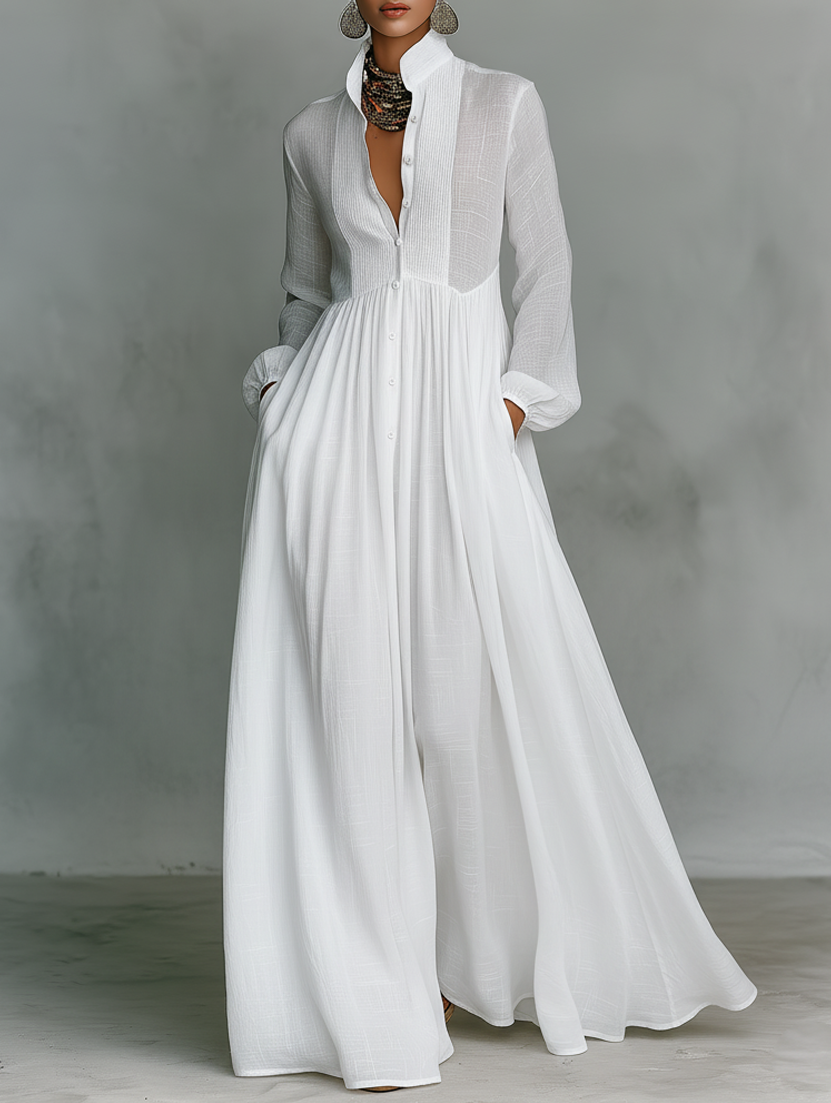 Elisa · Maxi Minimalista in Cotone e Lino con Patchwork, Collo Alto e Maniche Lunghe