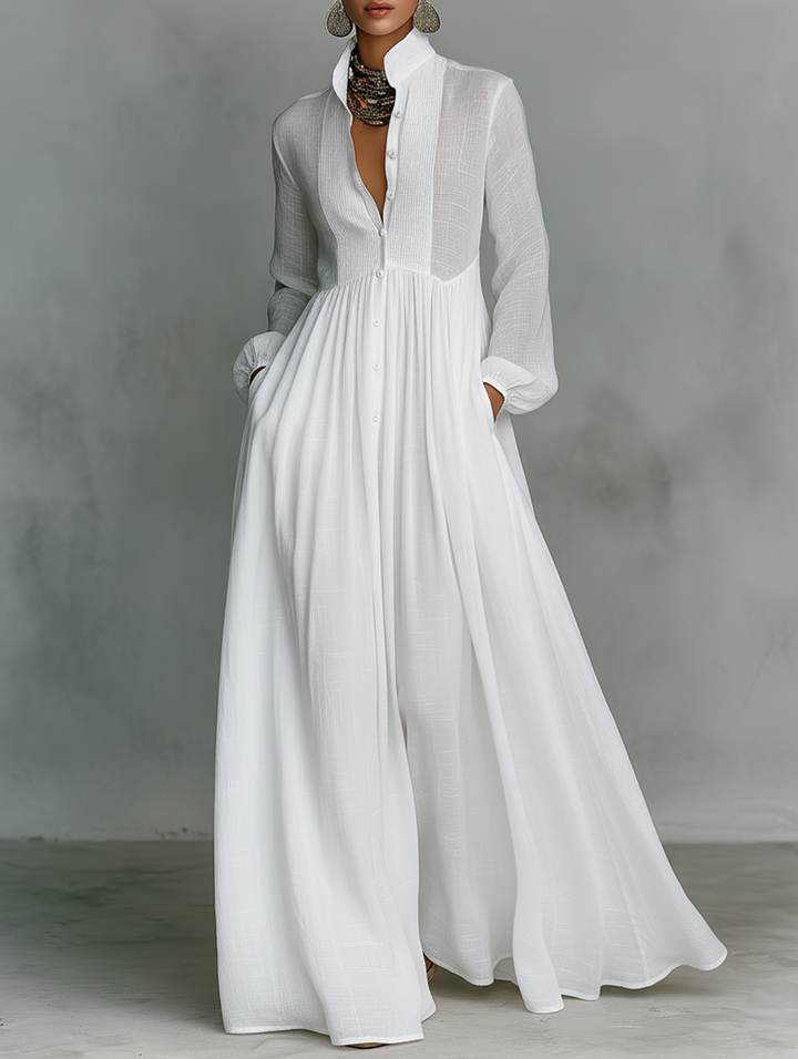 Elisa · Maxi Minimalista in Cotone e Lino con Patchwork, Collo Alto e Maniche Lunghe
