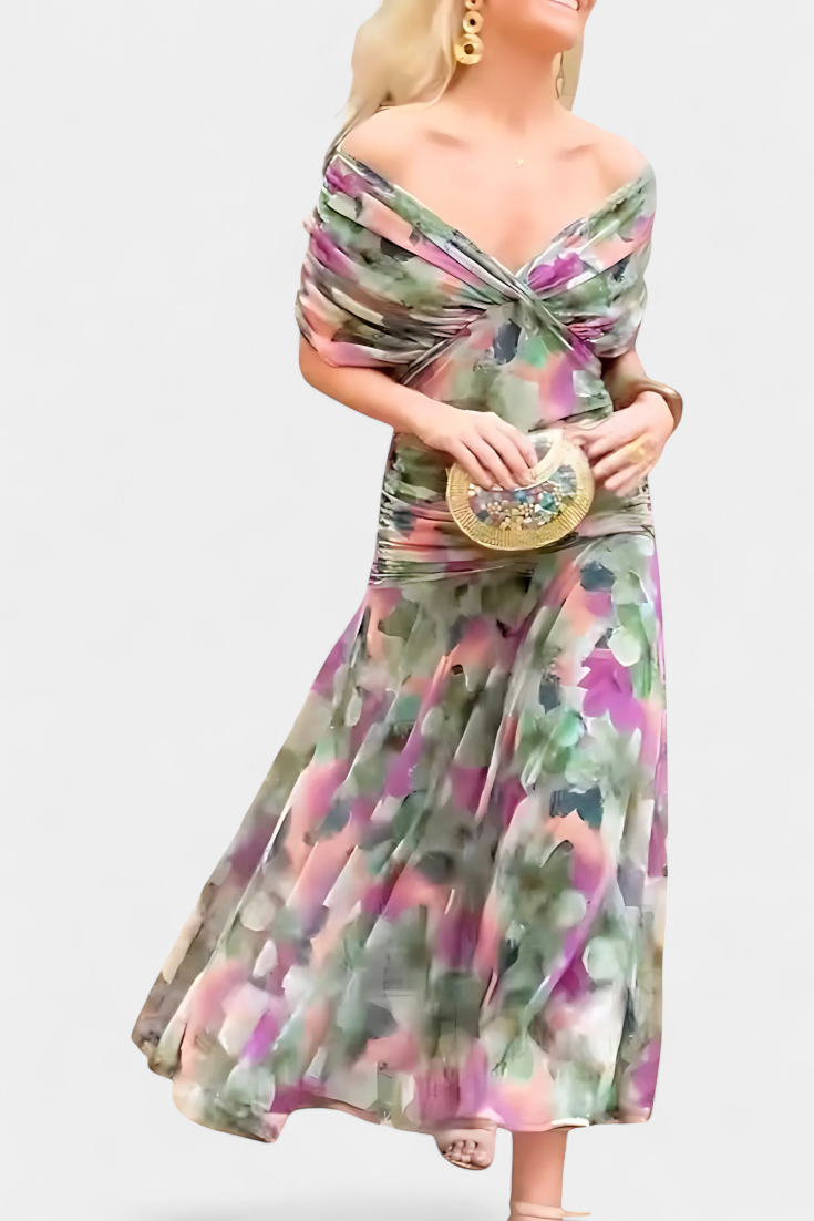 Flora™ - Long Floral V Neck Dress