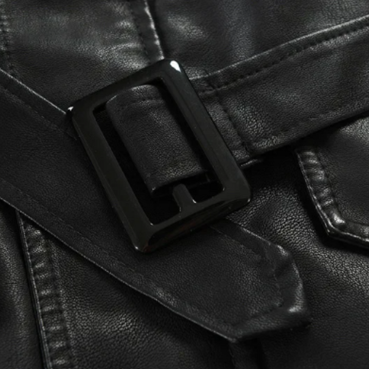 Elegante giacca lunga da motociclista in pelle