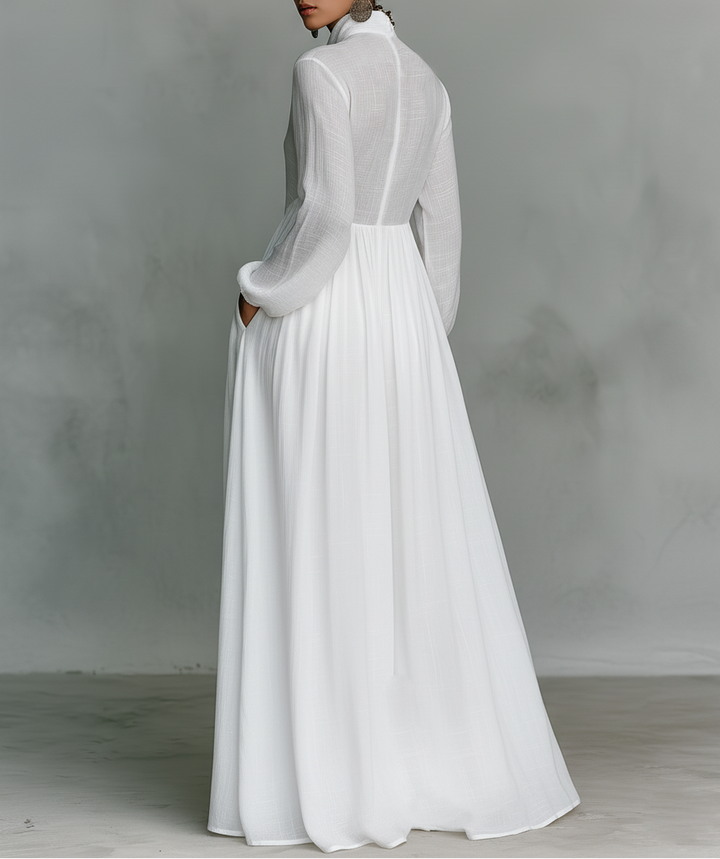 Elisa · Maxi Minimalista in Cotone e Lino con Patchwork, Collo Alto e Maniche Lunghe