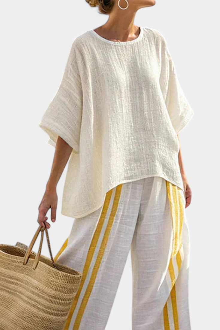 Arianna – top in lino a righe gialle elegante e pantaloni a gamba larga