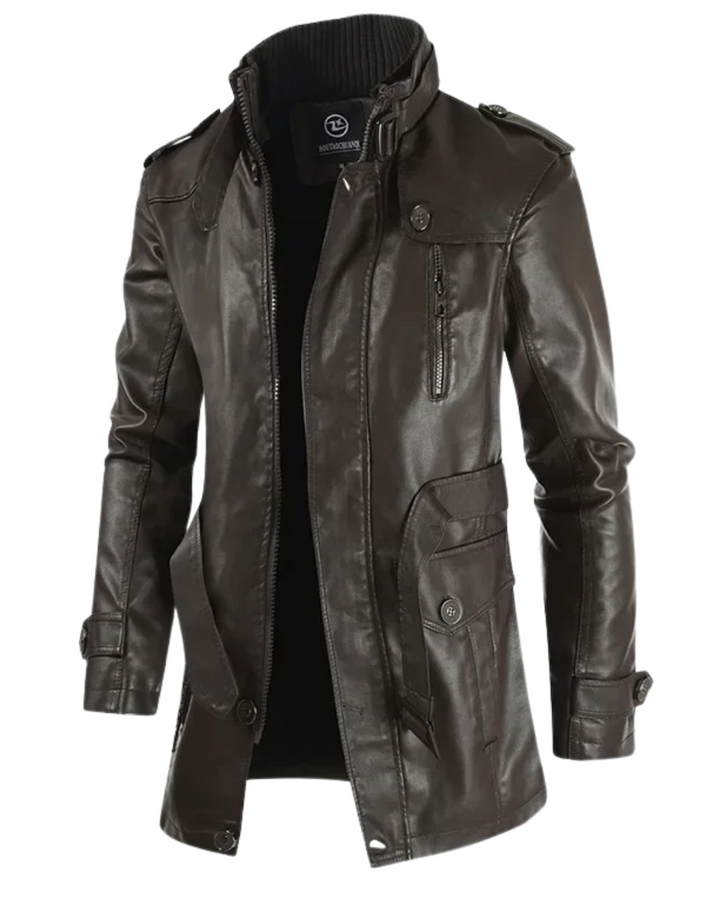Elegante giacca lunga da motociclista in pelle