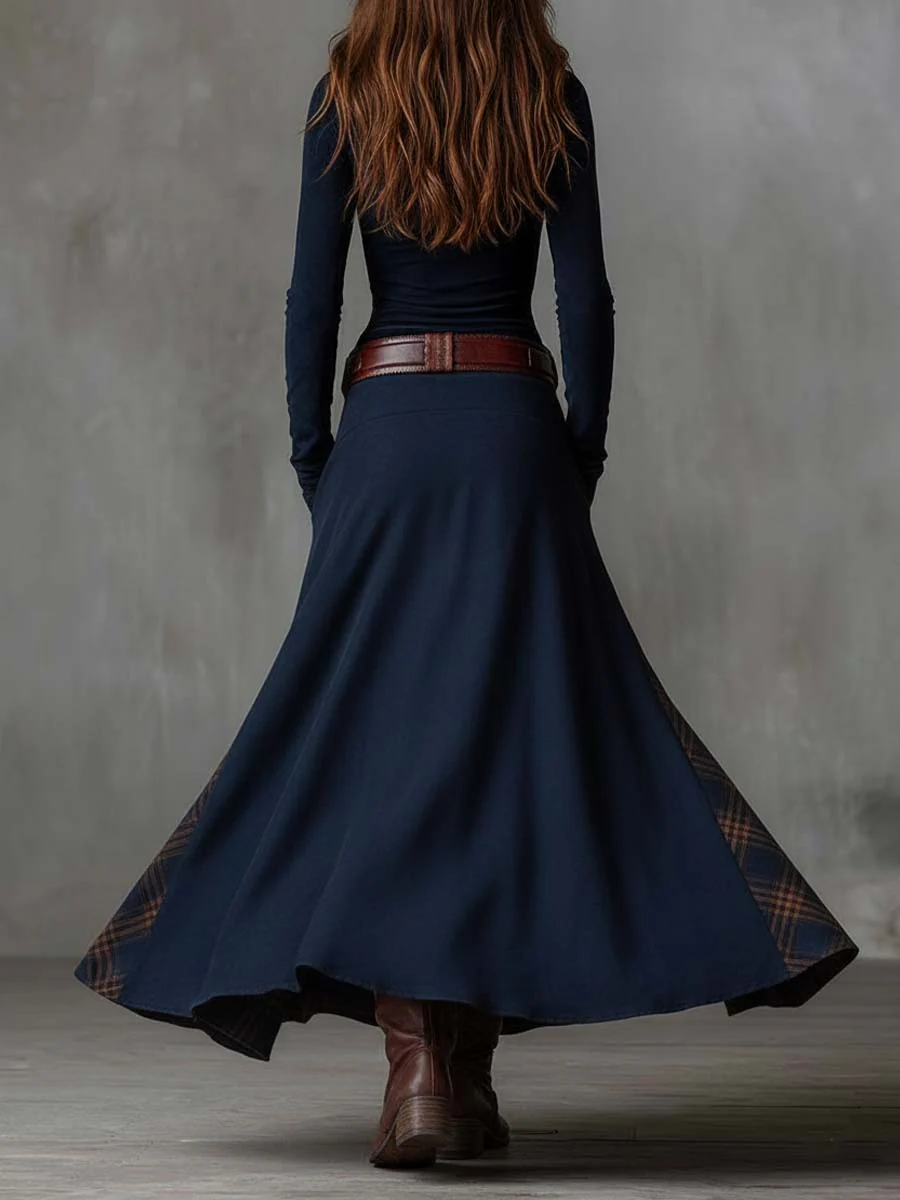 Leonora | Vestito lungo vintage in camoscio a quadri blu navy (Include Cintura)