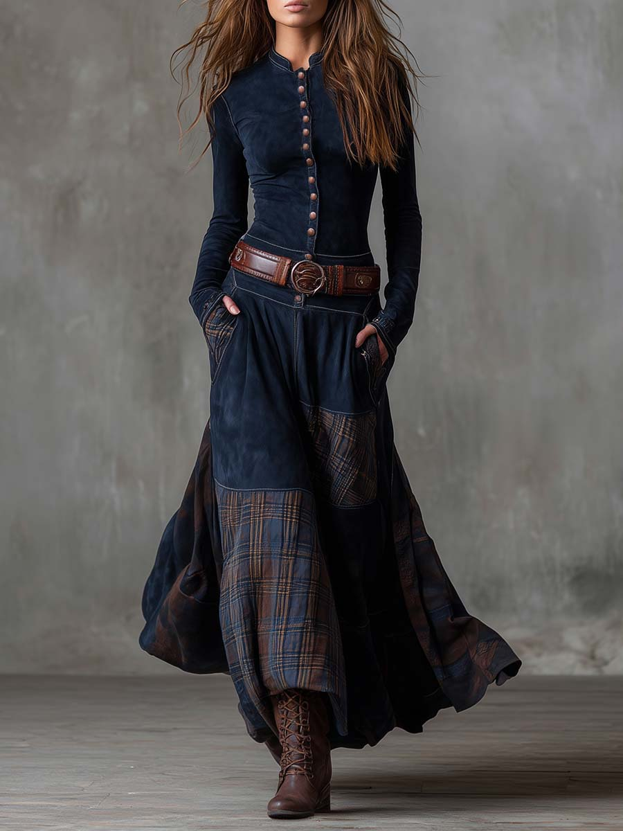Leonora | Vestito lungo vintage in camoscio a quadri blu navy (Include Cintura)