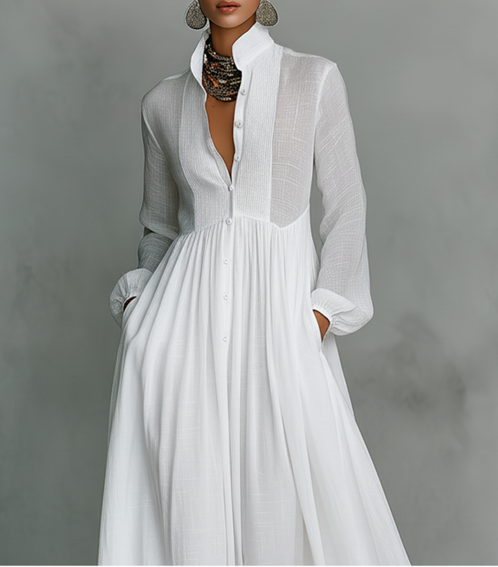 Elisa · Maxi Minimalista in Cotone e Lino con Patchwork, Collo Alto e Maniche Lunghe