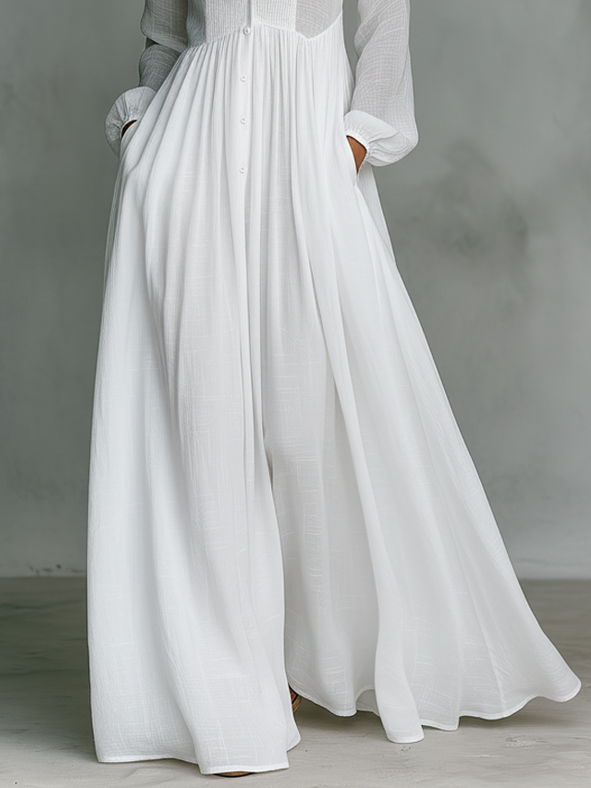 Elisa · Maxi Minimalista in Cotone e Lino con Patchwork, Collo Alto e Maniche Lunghe