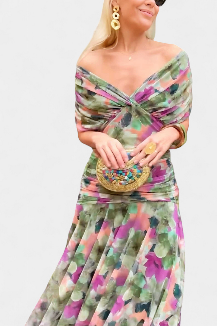 Flora™ - Long Floral V Neck Dress