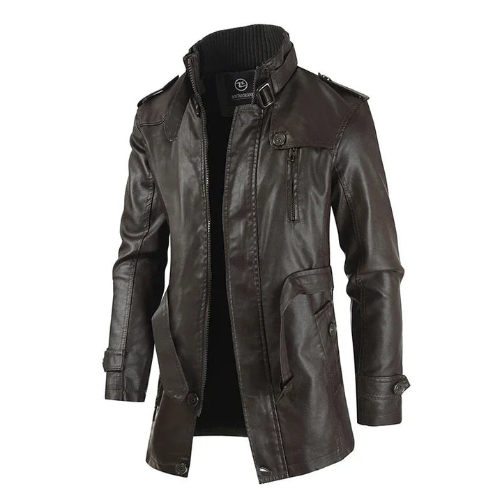 Elegante giacca lunga da motociclista in pelle