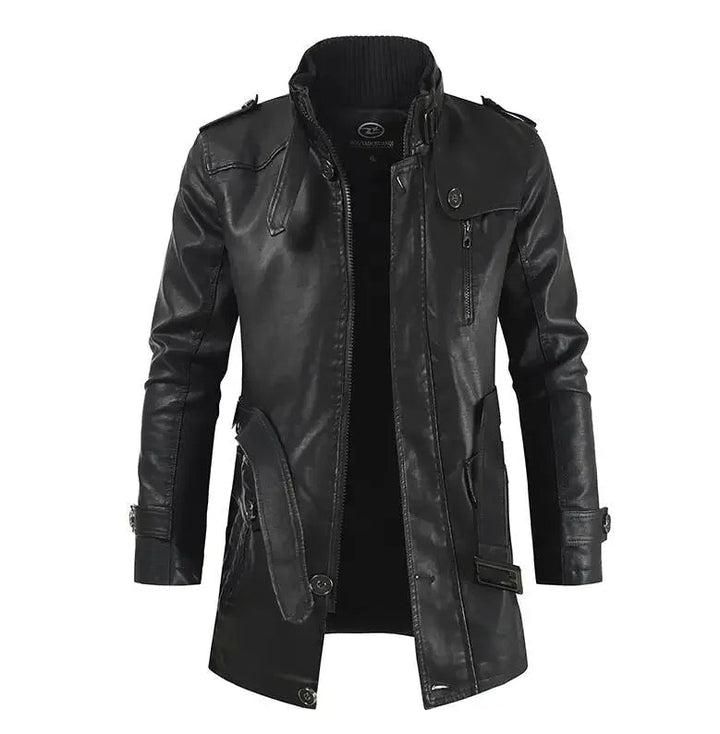Elegante giacca lunga da motociclista in pelle